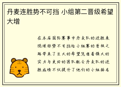 丹麦连胜势不可挡 小组第二晋级希望大增