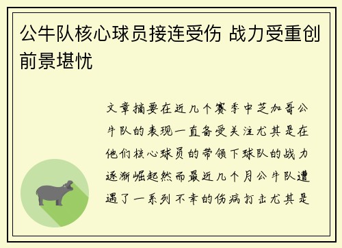公牛队核心球员接连受伤 战力受重创前景堪忧