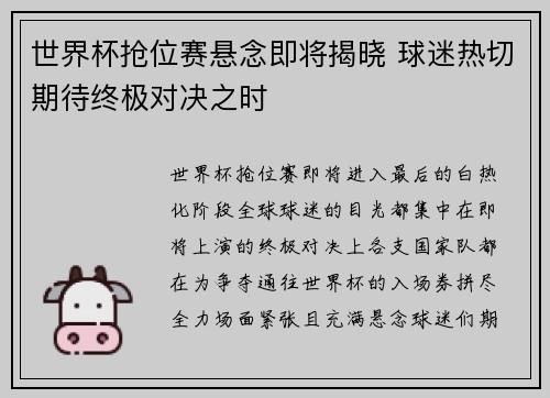 世界杯抢位赛悬念即将揭晓 球迷热切期待终极对决之时