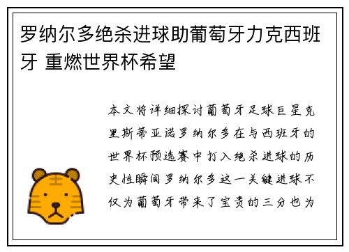 罗纳尔多绝杀进球助葡萄牙力克西班牙 重燃世界杯希望