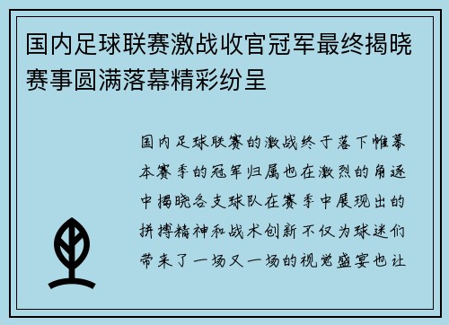 国内足球联赛激战收官冠军最终揭晓赛事圆满落幕精彩纷呈
